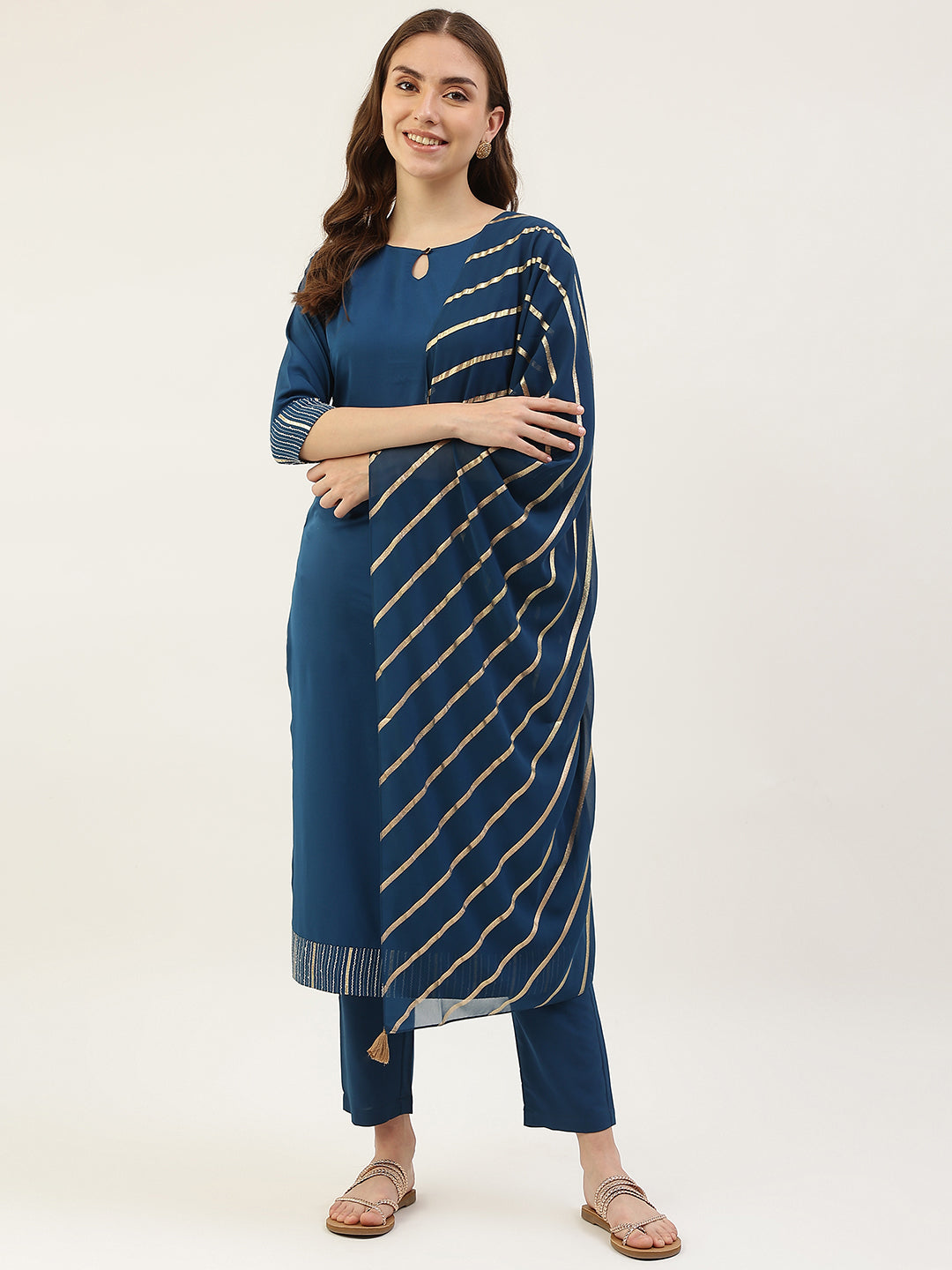 FIORRA Women's Teal Blue Poly Crepe Straight Kurta with Pant and Dupatta